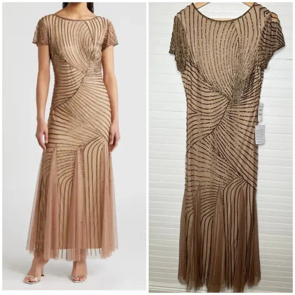 Pisarro Nights Women's Beaded Gown Beige Size 4 Formal Dress Short Sleeve - Picture 1 of 14